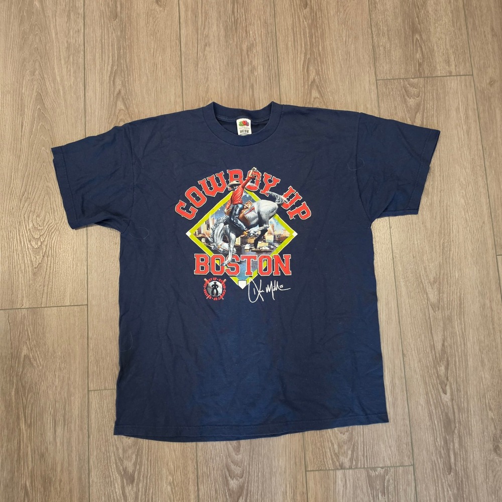 Fruit of the Loom Cowboy Up Boston TShirt Mens XL Navy Blue Kevin Millar Graphic